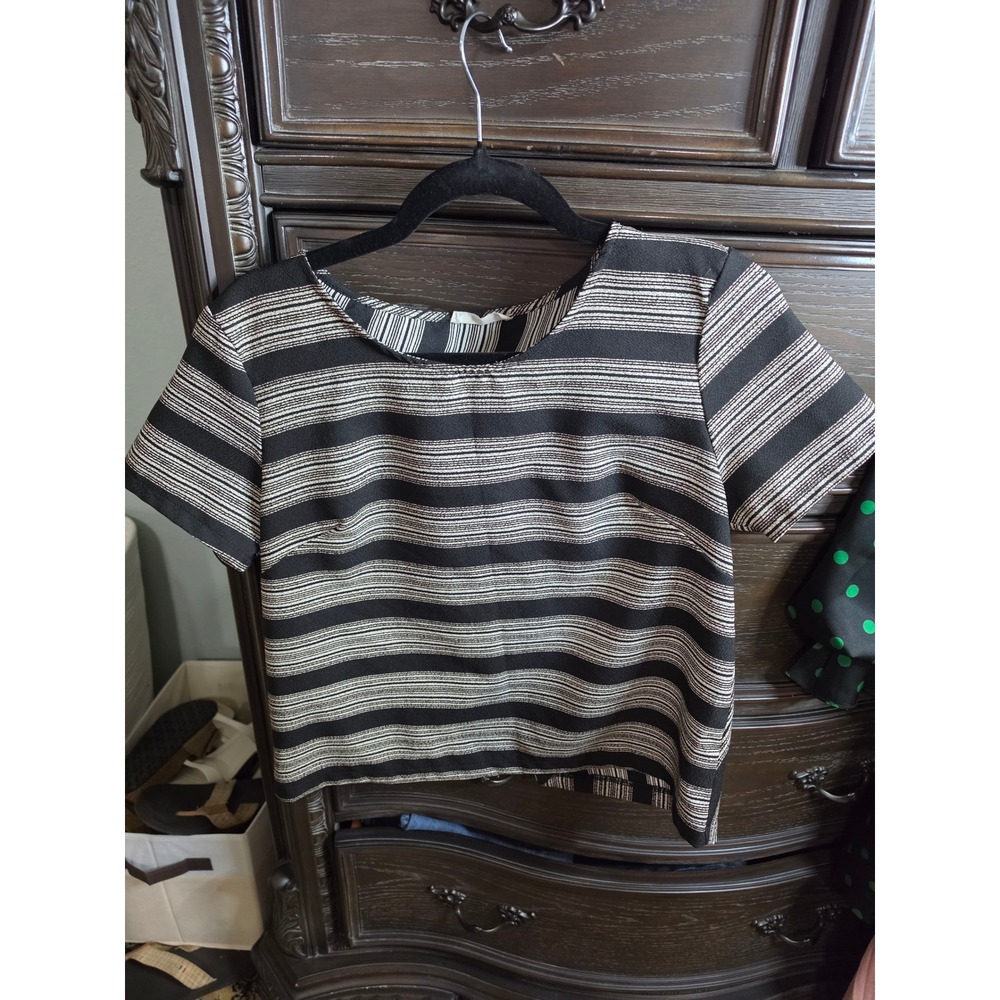 Lush Women Black White Striped Short‎ Sleeve Crossover Back Crop Blouse Size M